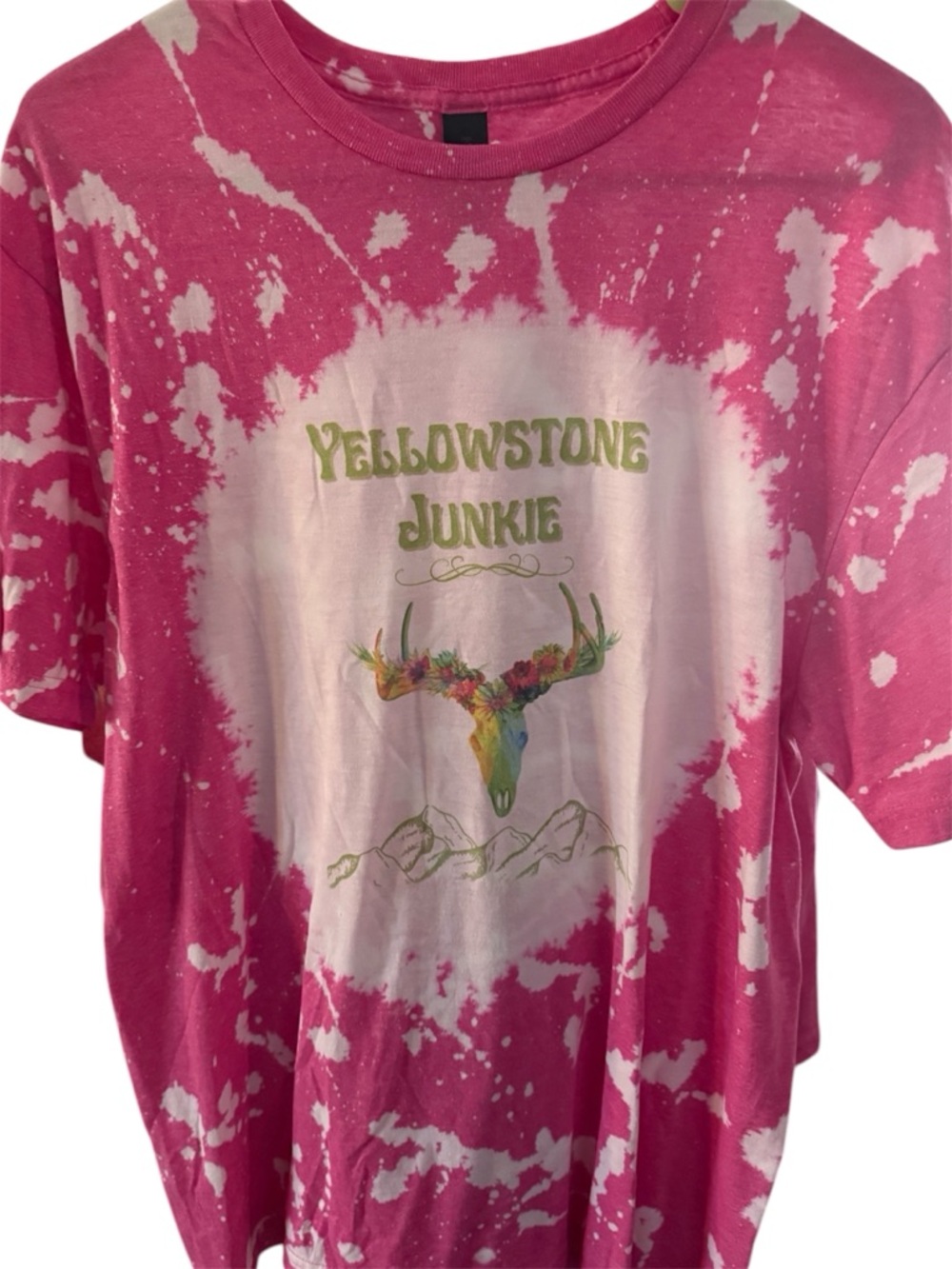 One of a kind Yellowstone Junkie steer skull flowered gildan soft pink n white t
